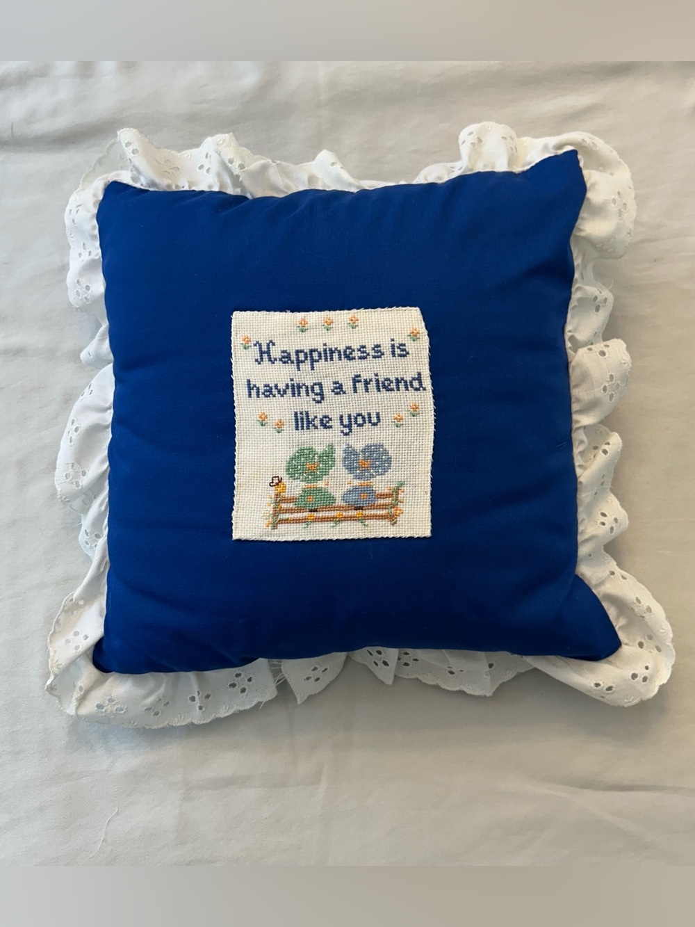 Vintage Grannycore Blue Needlepoint Throw Pillow w White Ruffle Lace Trim